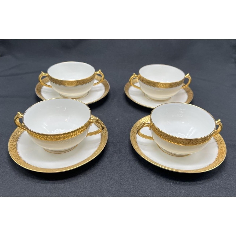 GOA Limoges France Gold Encrusted Bouillon Cups and Saucers Set of‎ 4 Antique